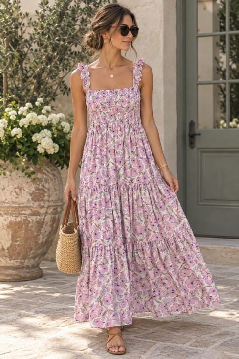 Haute Hippie Dresses & Skirts - Haute Hippie Floral Maxi Dress Large Pink Purple Ruffle Strap Boho Cottagecore